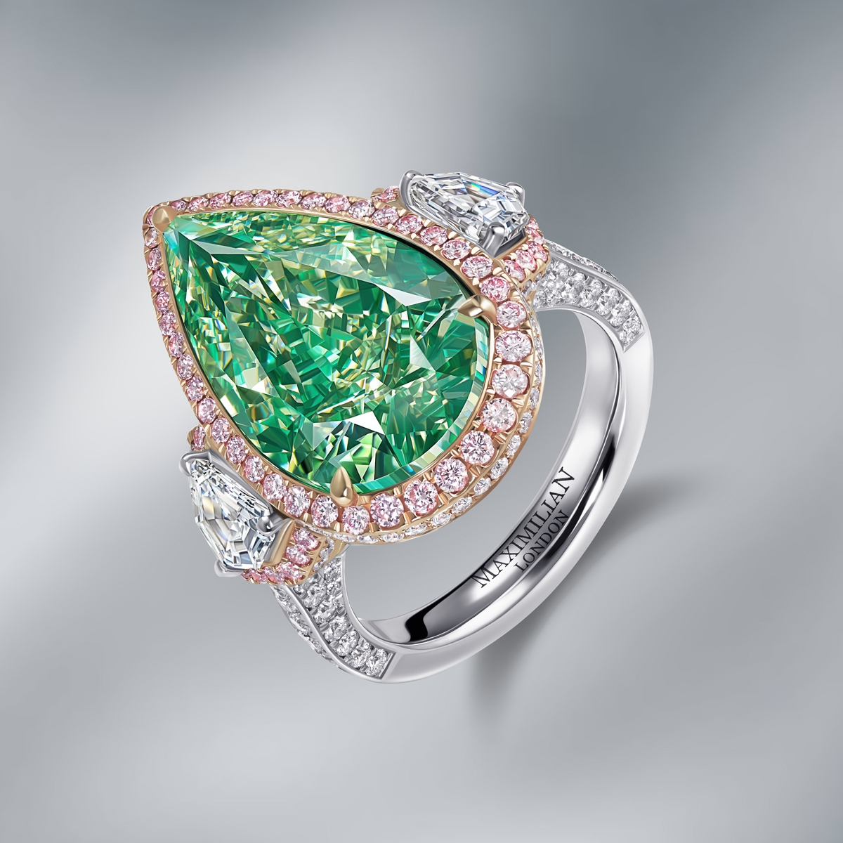 Natural Green Sapphire Engagement Ring with Baguette Side Diamonds set in  18k white gold (GR-5986)