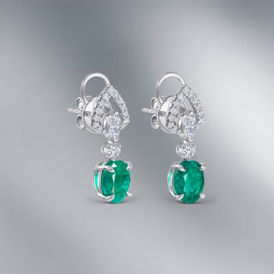 Diamond Earrings set with Pair of Oval Emeralds