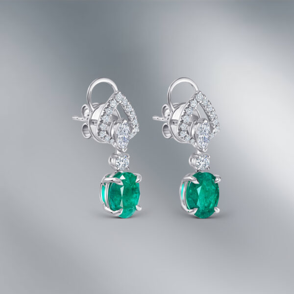 Diamond Earrings set with Pair of Oval Emeralds - Image 2