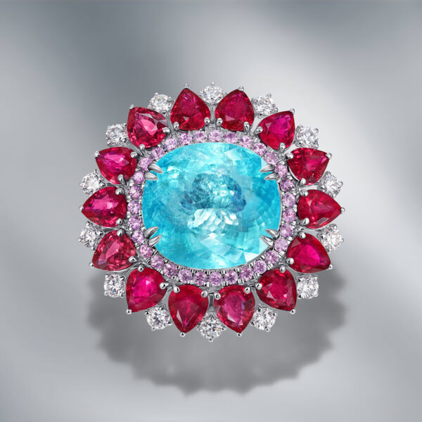 Diamond Ring Set With Paraiba Tourmaline & Burmese Rubies - Image 5
