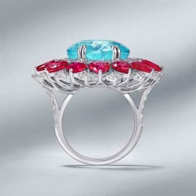 Diamond Ring Set With Paraiba Tourmaline & Burmese Rubies