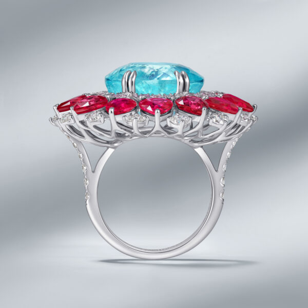 Diamond Ring Set With Paraiba Tourmaline & Burmese Rubies - Image 2
