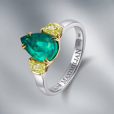 Fancy Yellow Diamonds Ring Set With  Natural Zambian Teardrop Emerald