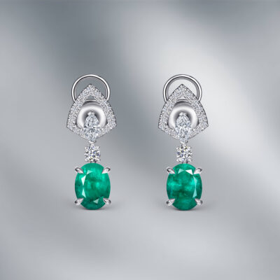 Diamond Earrings set with Pair of Oval Emeralds