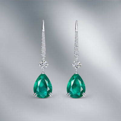 Diamond Earrings set with Pair of Pear Emeralds
