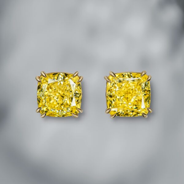 Exclusive Cushion Modified Brilliant Fancy Intense Yellow Diamond Stud Earrings