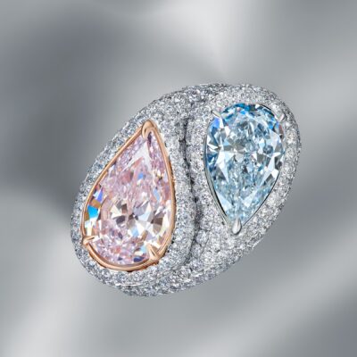 Double Ring Set With Fancy Blue, Pink Diamonds