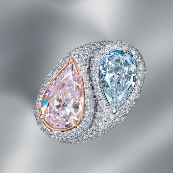 Double Ring Set With Fancy Blue, Pink Diamonds - Image 2