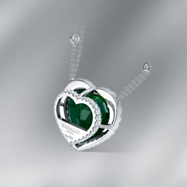 18K White Gold Pendant set with Heart Shape Emerald & Diamonds - Image 3